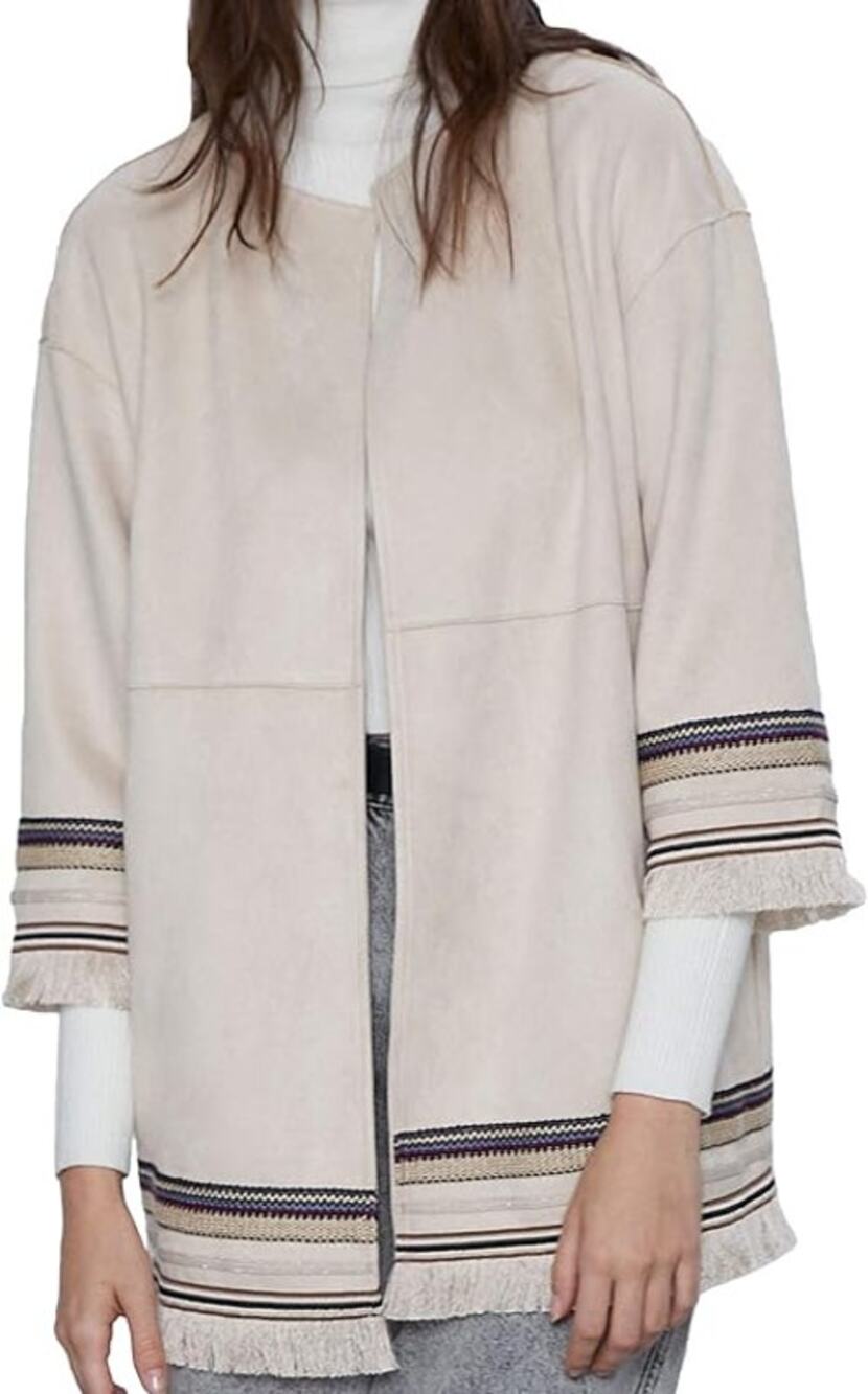 Zara Jacket Womens L Beige Fringed Faux Suede Embroidered Borders Open-Front